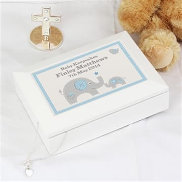 Personalised Blue Baby Elephant White Wooden Keepsake Box | Thumb