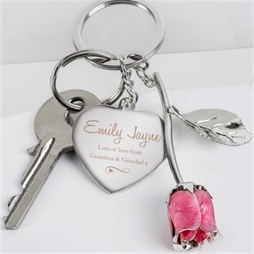 Personalised Silver Plated Swirls & Hearts Pink Rose Keyring