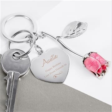 Personalised Silver Plated Swirls & Hearts Pink Rose Keyring