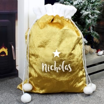 Personalised Name Only Gold Luxury Pom Pom Sack
