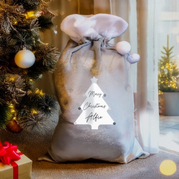 Personalised Christmas Tree Luxury Silver Grey Pom Pom Sack