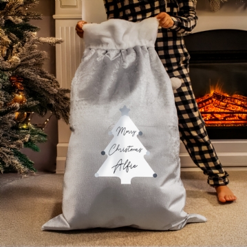 Personalised Christmas Tree Luxury Silver Grey Pom Pom Sack