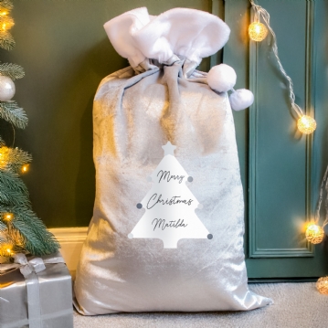Personalised Christmas Tree Luxury Silver Grey Pom Pom Sack