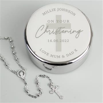 Personalised Christening Round Trinket Box & Rosary Beads Set