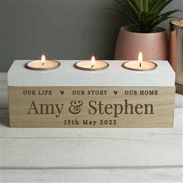 Personalised Our Life, Story & Home Triple Tea Light Holder