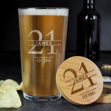 Personalised Pint Glass & Bamboo Bottle Opener Coaster Sets
