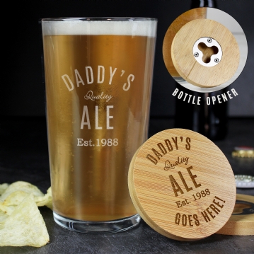 Personalised Pint Glass & Bamboo Bottle Opener Coaster Sets