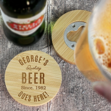 Personalised Pint Glass & Bamboo Bottle Opener Coaster Sets