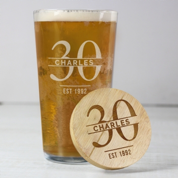 Personalised Pint Glass & Bamboo Bottle Opener Coaster Sets
