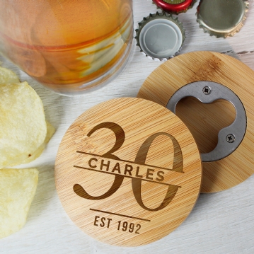 Personalised Big Age Bamboo Bottle Opener Coaster