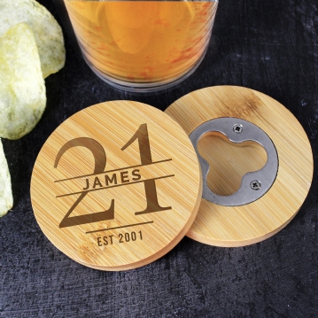 Personalised Big Age Bamboo Bottle Opener Coaster