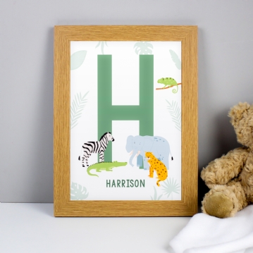 Personalised Safari Animals Initial A4 Oak Framed Print