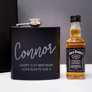 Personalised Hipflask and Whiskey Miniature Set