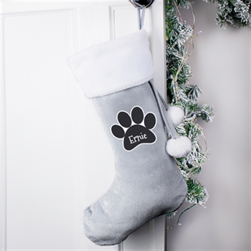 Personalised Paw Print Silver Grey Christmas Stocking