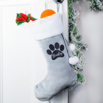 Personalised Paw Print Silver Grey Christmas Stocking