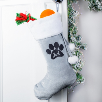 Personalised Paw Print Silver Grey Christmas Stocking