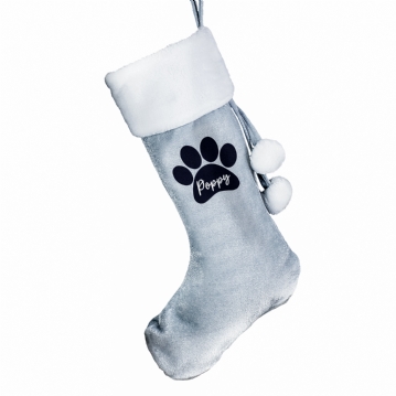 Personalised Paw Print Silver Grey Christmas Stocking