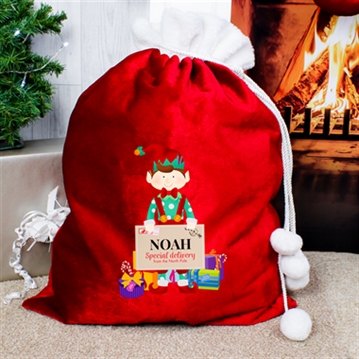 Personalised Christmas Elf Luxury Pom Pom Red Sack