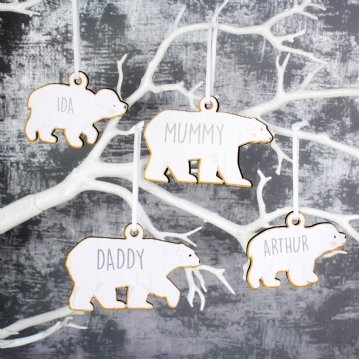 Personalised Set of 4 Polar Bear Family Wooden Hanging Christmas Decorations