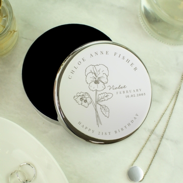 Personalised Birth Flower Round Trinket Boxes
