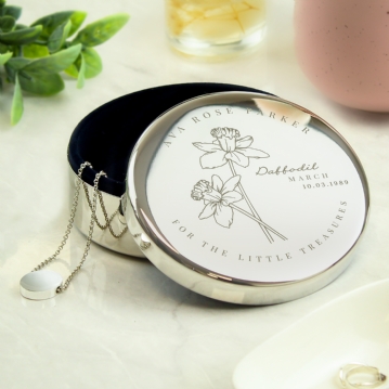 Personalised Birth Flower Round Trinket Boxes