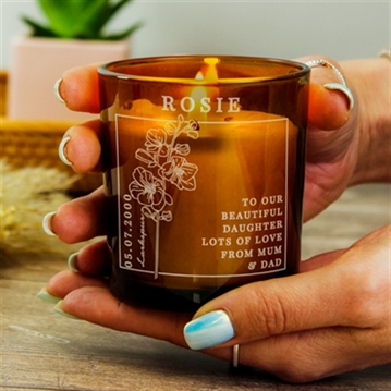 Personalised Birth Flower Amber  Glass Candles
