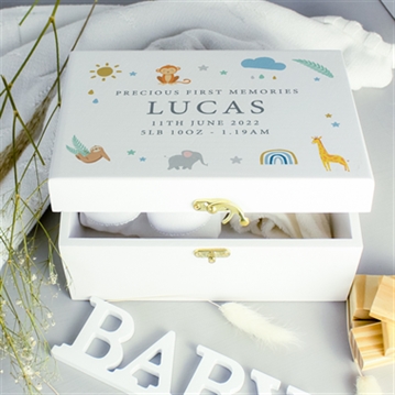 Personalised Safari Animals White Wooden Keepsake Box