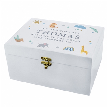 Personalised Safari Animals White Wooden Keepsake Box