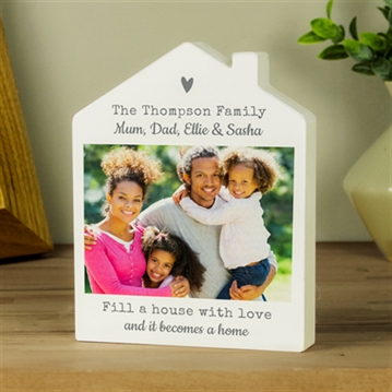 Personalised Grey Heart Photo Upload Wooden House Ornament