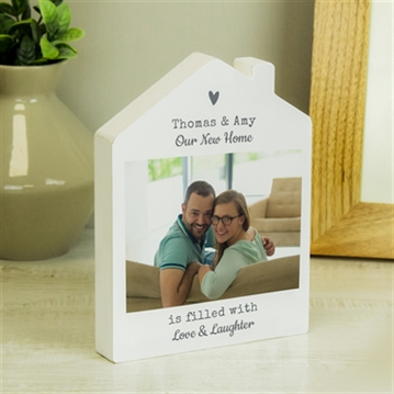 Personalised Grey Heart Photo Upload Wooden House Ornament