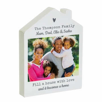 Personalised Grey Heart Photo Upload Wooden House Ornament