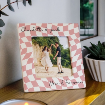 Personalised Pink Checkerboard Ceramic 4x4 Photo Frame