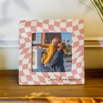Personalised Pink Checkerboard Ceramic 4x4 Photo Frame