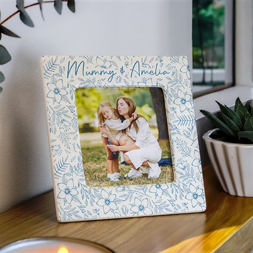 Personalised Blue Floral Ceramic 4x4 Photo Frame