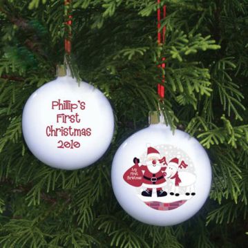 Personalised Santa And Rudolf Bauble - First Christmas
