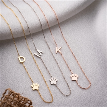 Sideway Initial and Dog Paw Necklace