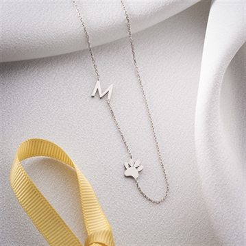 Sideway Initial and Dog Paw Necklace