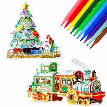 Christmas Tree & Train 3D Colour-in Puzzles