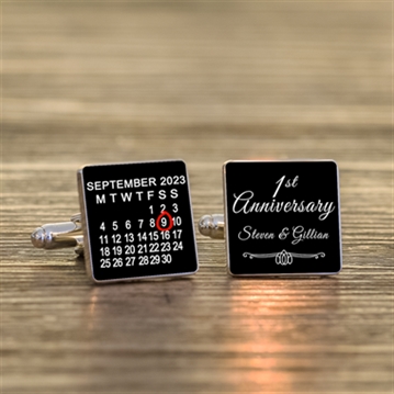 Personalised 1st Wedding Anniversary Silver Finish Calendar Date Square Cufflinks