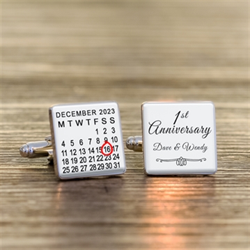 Personalised 1st Wedding Anniversary Silver Finish Calendar Date Square Cufflinks