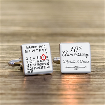 Personalised 10th Wedding Anniversary Silver Finish Calendar Date Square Cufflinks