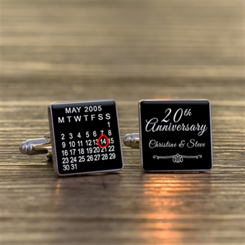 Personalised 20th Wedding Anniversary Silver Finish Calendar Date Square Cufflinks