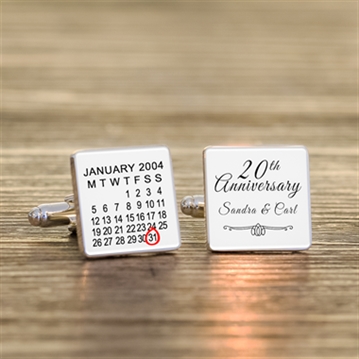 Personalised 20th Wedding Anniversary Silver Finish Calendar Date Square Cufflinks