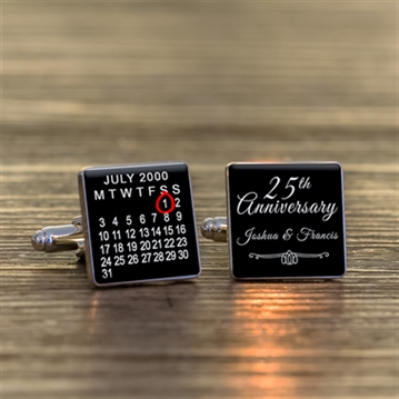 Personalised 25th Wedding Anniversary Silver Finish Calendar Date Square Cufflinks
