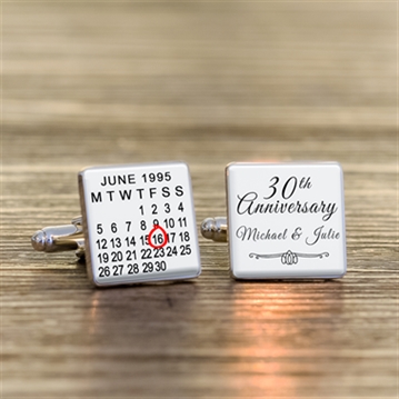 Personalised 30th Wedding Anniversary Silver Finish Calendar Date Square Cufflinks