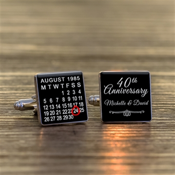 Personalised 40th Wedding Anniversary Silver Finish Calendar Date Square Cufflinks