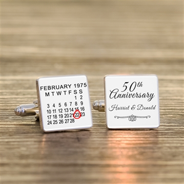 Personalised 50th Wedding Anniversary Silver Finish Calendar Date Square Cufflinks