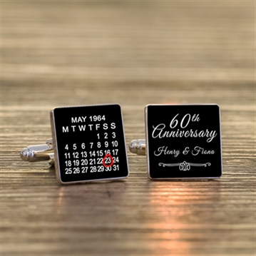 Personalised 60th Wedding Anniversary Silver Finish Calendar Date Square Cufflinks