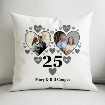 Personalised Then and Now Silver Anniversary Photo Cushion