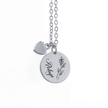 Personalised Birth Flower Brushed Heart and Disc Necklaces